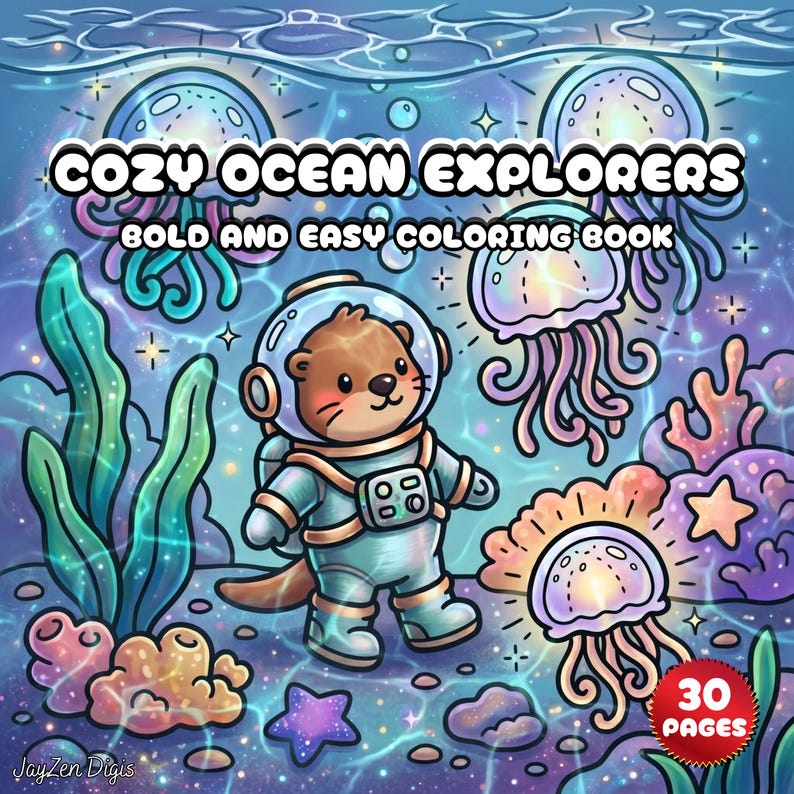Libro para colorear del océano acogedor / Lindos animales exploradores del océano y aventuras submarinas páginas para colorear de verano relajantes kawaii llamativos fáciles de imprimir imagen 1