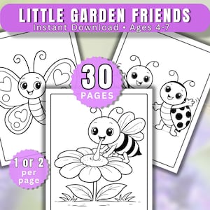 May include: A black and white coloring book titled "Little Garden Friends" with illustrations of insects and flowers. The cover features a butterfly, a bee, and a ladybug. The book has 30 pages and is for ages 4-7.