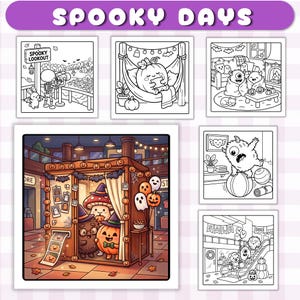 May include: A collection of six Halloween-themed coloring pages titled Spooky Days. Five pages feature black and white line art of skeletons, pumpkins, and monsters, while one larger central image shows a colorful photo booth with cute characters.