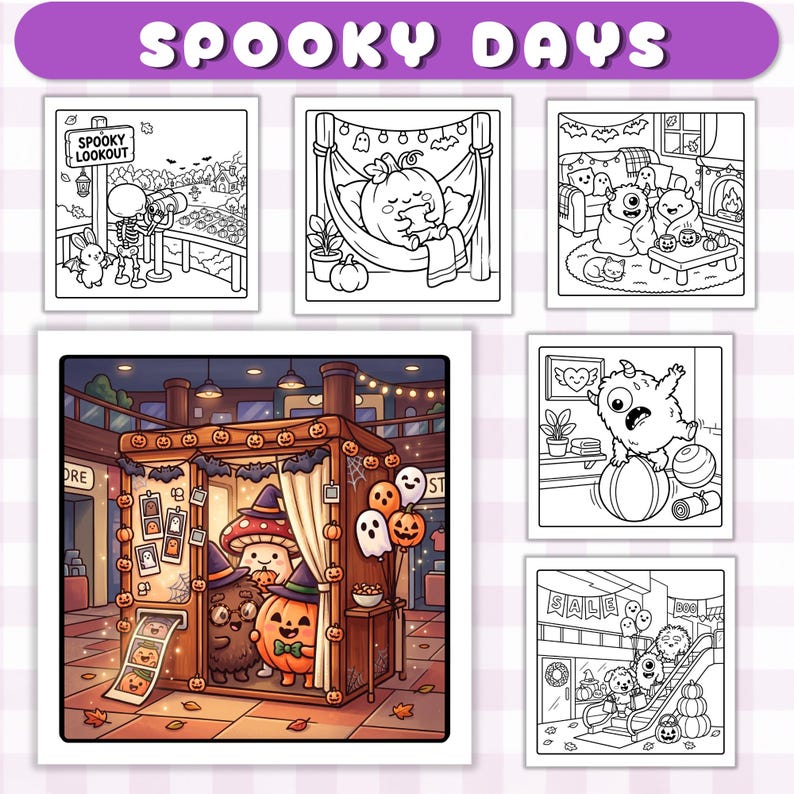 May include: A collection of six Halloween-themed coloring pages titled Spooky Days. Five pages feature black and white line art of skeletons, pumpkins, and monsters, while one larger central image shows a colorful photo booth with cute characters.