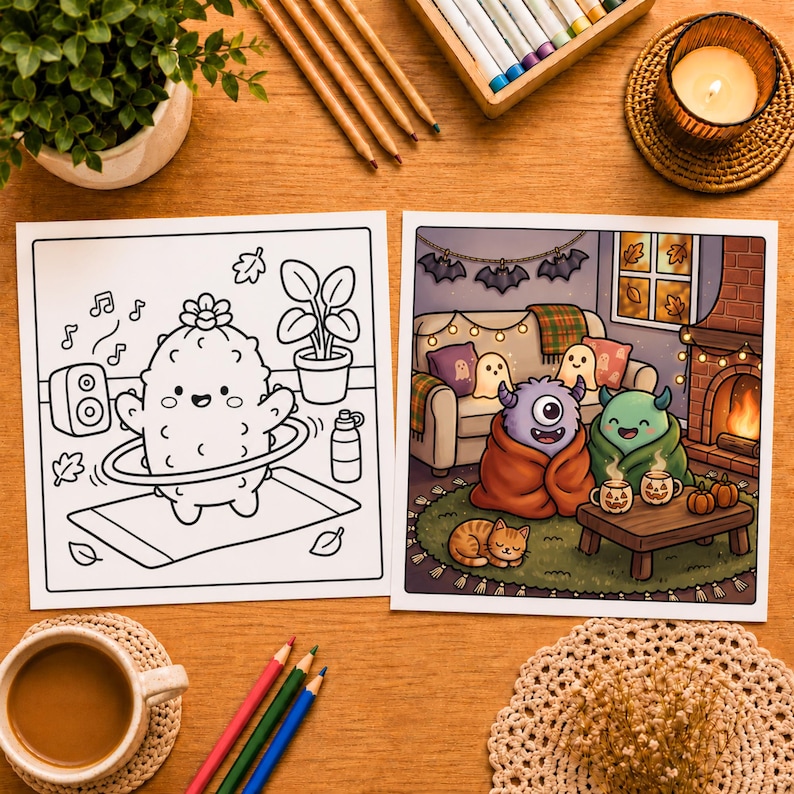 May include: Two square coloring pages featuring cute characters. The left page shows a cactus using a hula hoop, while the right page depicts a purple cyclops and a green monster wrapped in blankets on a couch with a cat, mugs, and a fireplace.