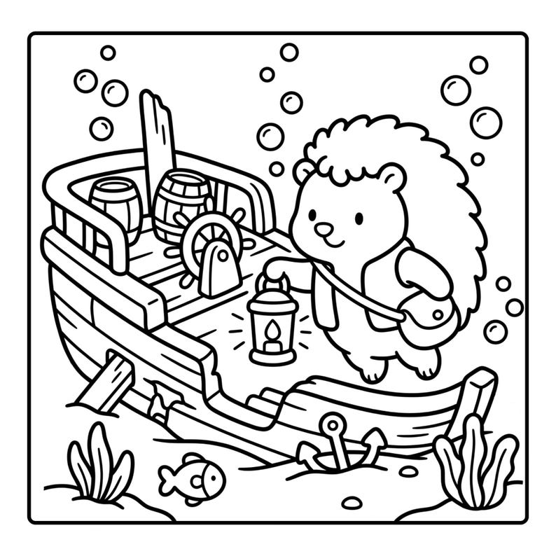 Puede incluir: Una ilustraci&oacute;n de arte lineal en blanco y negro de un erizo con chaleco y bolso que sostiene una linterna en la cubierta de un barco de madera hundido. La escena incluye burbujas submarinas, un tim&oacute;n de barco, barriles, un ancla y peces.