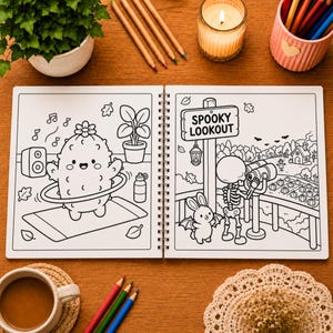 May include: A spiral-bound coloring book open to two pages. The left page shows a cactus hula-hooping with music notes. The right page features a skeleton looking through binoculars at a pumpkin patch with a sign reading SPOOKY LOOKOUT.