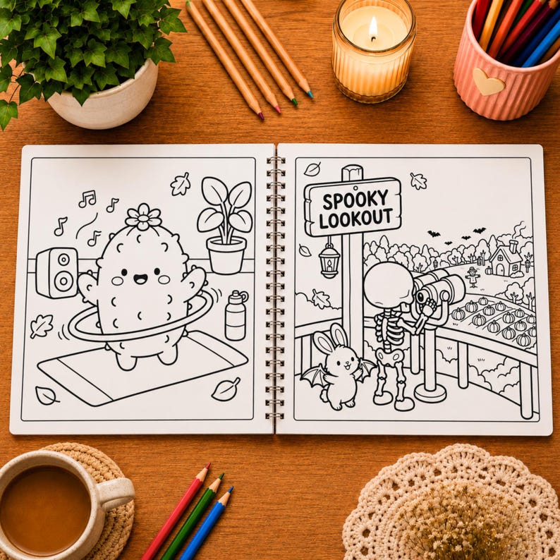 May include: A spiral-bound coloring book open to two pages. The left page shows a cactus hula-hooping with music notes. The right page features a skeleton looking through binoculars at a pumpkin patch with a sign reading SPOOKY LOOKOUT.