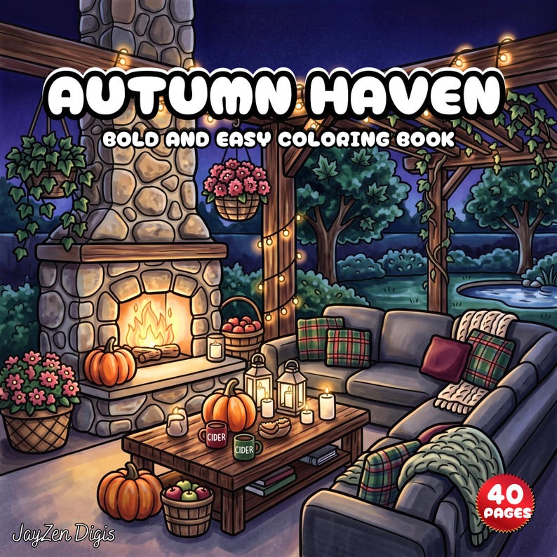May include: A coloring book titled Autumn Haven Bold and Easy Coloring Book featuring a 40 pages label. The cover illustration shows a stone fireplace with a fire, pumpkins, a wooden coffee table with mugs, lanterns, and a sofa under a pergola.