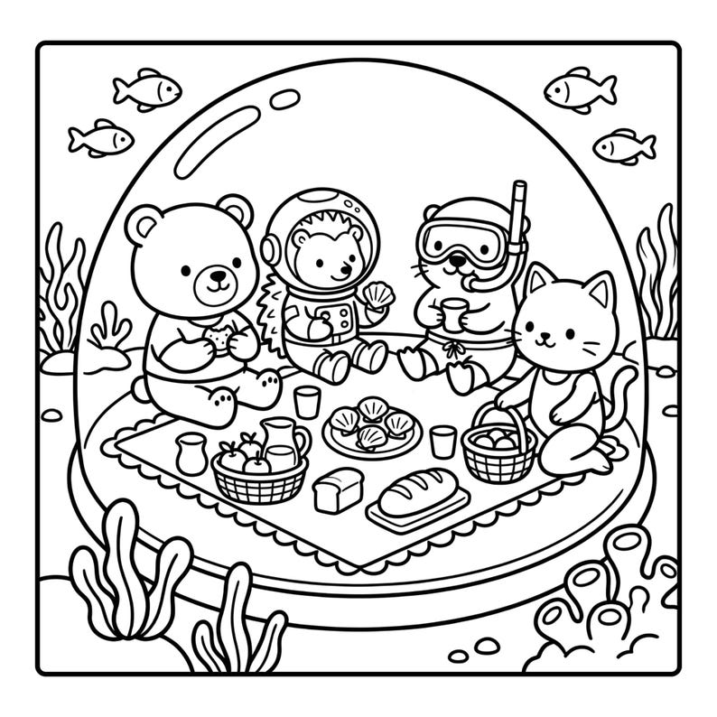 Libro para colorear del océano acogedor / Lindos animales exploradores del océano y aventuras submarinas páginas para colorear de verano relajantes kawaii llamativos fáciles de imprimir imagen 5