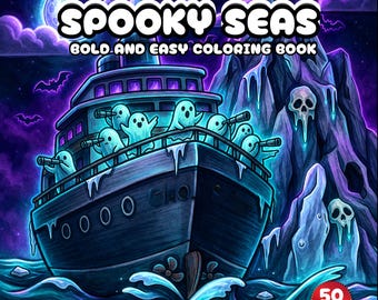 Spooky Seas kleurboek voor volwassenen, spookachtige oceaan kleurplaten, leuke Halloween printbare PDF