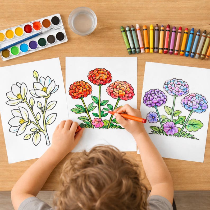 Cute and Easy Flowers Coloring Pages for Kids Adults, Digital Printable ...