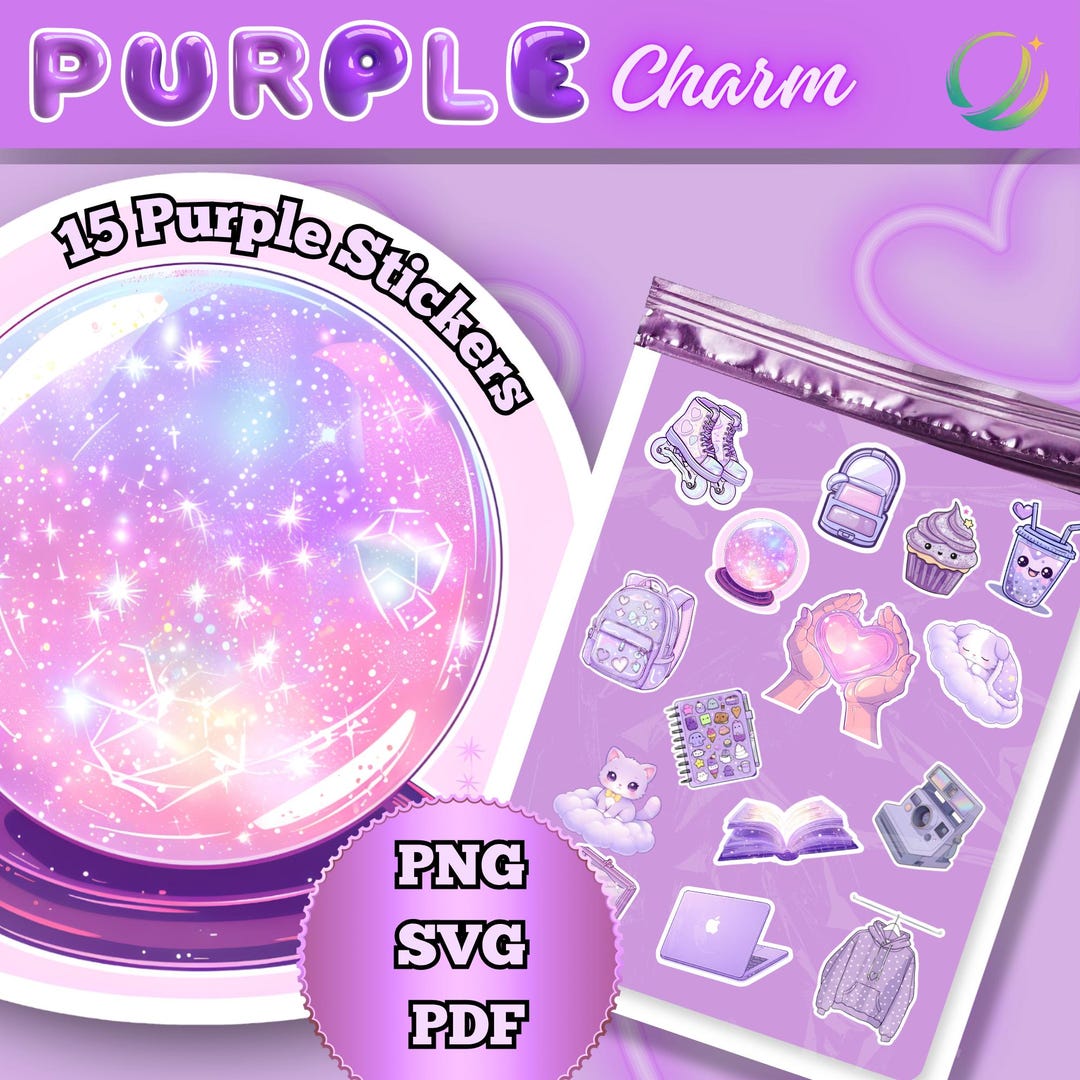 Purple Aesthetic Planner Stickers Bundle, 15 Cute Journal Stickers, PNG ...