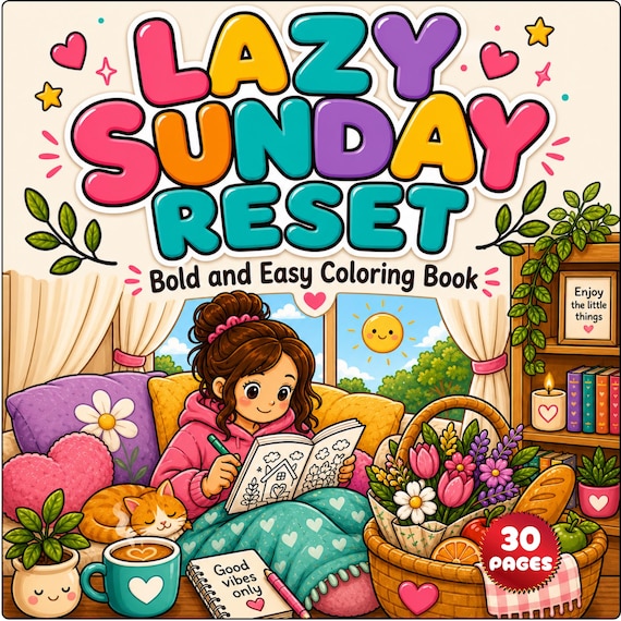 Cozy Adult Coloring Book: Lazy Sunday Reset | Bold & Easy Cozy Hygge Pages for Relaxation | Stress Relief Coloring for Adults |Printable PDF