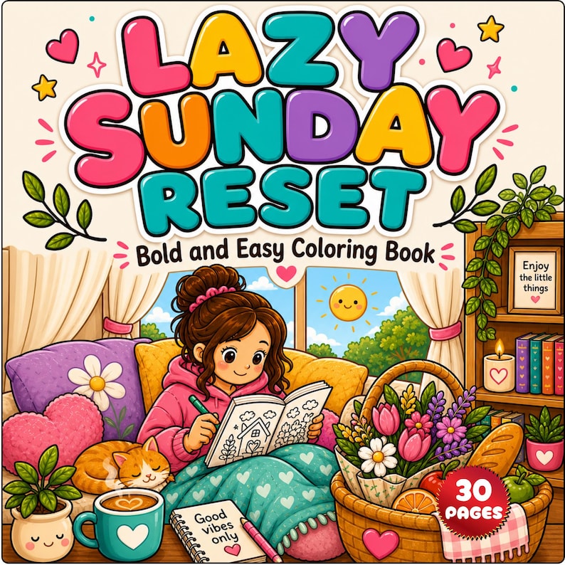 Cozy Adult Coloring Book: Lazy Sunday Reset | Bold & Easy Cozy Hygge Pages for Relaxation | Stress Relief Coloring for Adults |Printable PDF image 1