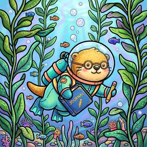 Puede incluir: Una nutria de dibujos animados con traje de buceo, casco y gafas redondas nada entre algas verdes. La nutria sostiene un diario azul con la palabra JOURNAL y un icono de l&aacute;piz en la portada, junto con un l&aacute;piz amarillo en la otra mano.