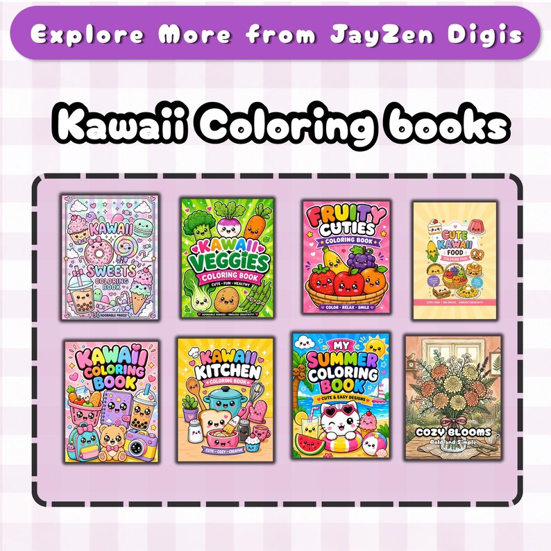 May include: A collection of eight rectangular coloring books with kawaii-style illustrations. The covers feature colorful graphics of sweets, vegetables, fruits, food, kitchen items, summer scenes, and flowers with the text titles clearly visible.