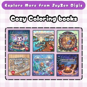 May include: A collection of six square coloring books titled Cozy World Costumes, Cozy Beach Towns, Cozy Little Worlds, Work From Home, Cozy Ocean Explorers, and Lakeside Haven. Each book cover features a unique illustration and a 30 pages label.