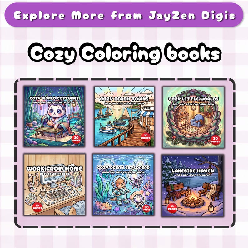May include: A collection of six square coloring books titled Cozy World Costumes, Cozy Beach Towns, Cozy Little Worlds, Work From Home, Cozy Ocean Explorers, and Lakeside Haven. Each book cover features a unique illustration and a 30 pages label.