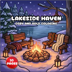 May include: A coloring book cover titled Lakeside Haven Cozy and Bold Coloring featuring a snowy winter scene with two wooden benches, a campfire, lanterns, and snow-covered pine trees. A red circular badge in the corner indicates 30 pages.