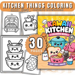 May include: A collection of kitchen-themed coloring pages. The cover of the "Kawaii Kitchen Coloring Book" is yellow with cute illustrations of kitchen items. The pages include images of an oven, toaster, bowls, and other kitchen tools. The book has 30 pages.