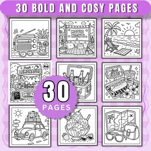 Puede incluir: Una colecci&oacute;n de 30 p&aacute;ginas para colorear audaces y acogedoras con ilustraciones de l&iacute;neas en blanco y negro de escenas de verano que incluyen una radio, noche de cine, playa, puesto de limonada, nevera, perrito caliente, coche, helado y un mapa.