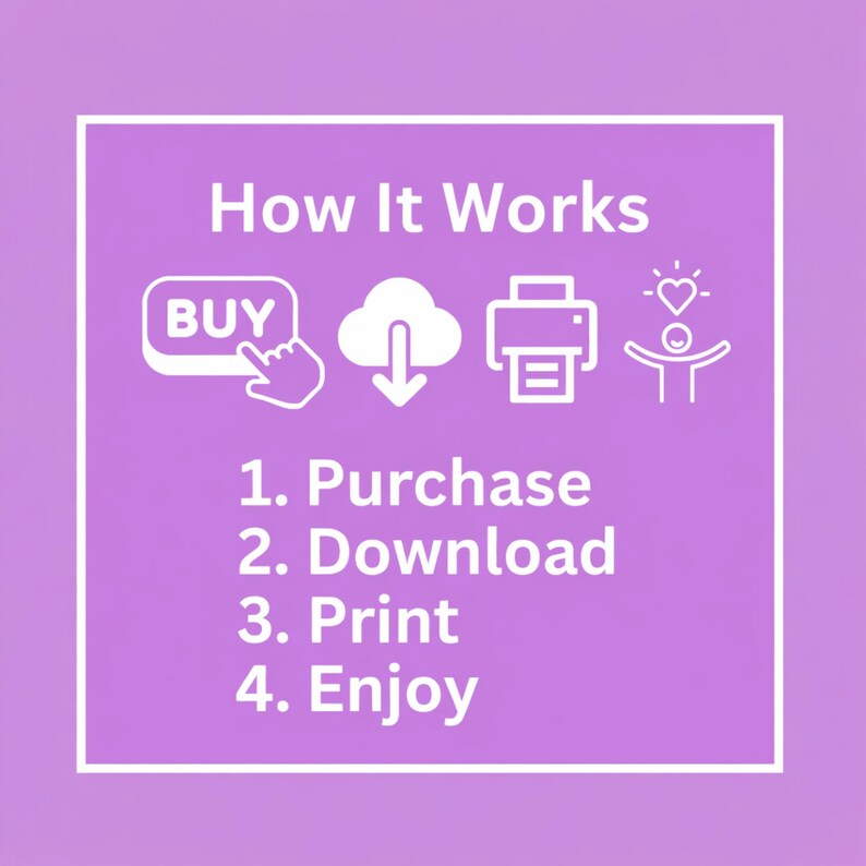 Puede incluir: Un gr&aacute;fico cuadrado de color morado claro con texto e iconos en blanco. El texto dice How It Works, 1. Purchase, 2. Download, 3. Print, 4. Enjoy. Los iconos incluyen un bot&oacute;n con la palabra BUY y un cursor, una nube con flecha, una impresora.