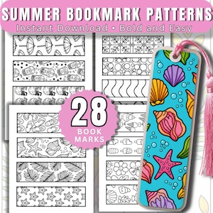 May include: A collection of summer-themed bookmark patterns. The image includes a bookmark with a blue background and seashell illustrations, and a pink tassel. The text reads "Summer Bookmark Patterns" and "28 Book Marks".
