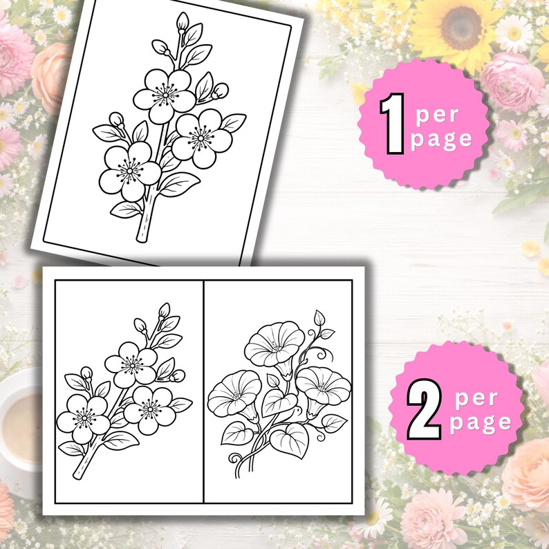 Cute and Easy Flowers Coloring Pages for Kids Adults, Digital Printable ...