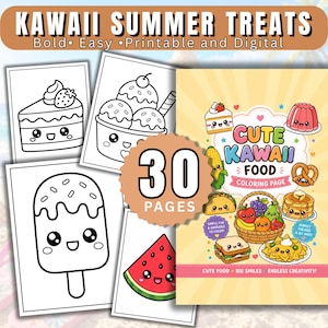 May include: A colouring book titled "Cute Kawaii Food Coloring Page" with 30 pages. The cover features cartoon food illustrations. Surrounding the book are black and white line drawings of desserts and fruit, ready to be coloured.