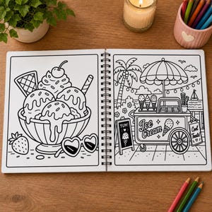 Puede incluir: Un libro para colorear con espiral abierto en dos p&aacute;ginas. La p&aacute;gina izquierda muestra un gran helado en un cuenco con una cereza, una fresa y gafas de sol en forma de coraz&oacute;n. La p&aacute;gina derecha muestra un carrito de helados con sombrilla.