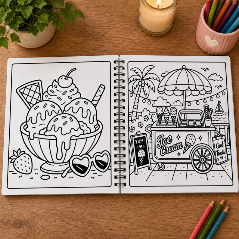 Puede incluir: Un libro para colorear con espiral abierto en dos p&aacute;ginas. La p&aacute;gina izquierda muestra un gran helado en un cuenco con una cereza, una fresa y gafas de sol en forma de coraz&oacute;n. La p&aacute;gina derecha muestra un carrito de helados con sombrilla.