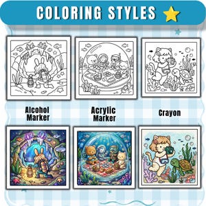 Puede incluir: Una gu&iacute;a de coloreado titulada COLORING STYLES con seis paneles cuadrados. La fila superior muestra dibujos de l&iacute;neas en blanco y negro de escenas submarinas. La fila inferior muestra las mismas escenas coloreadas con diferentes t&eacute;cnicas.