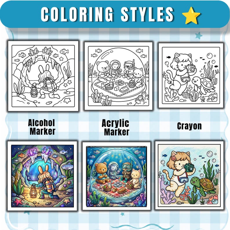 Puede incluir: Una gu&iacute;a de coloreado titulada COLORING STYLES con seis paneles cuadrados. La fila superior muestra dibujos de l&iacute;neas en blanco y negro de escenas submarinas. La fila inferior muestra las mismas escenas coloreadas con diferentes t&eacute;cnicas.