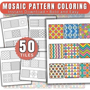 Op de afbeelding: Een verzameling kleurplaten met mozaïekpatronen. De pagina's bevatten verschillende geometrische ontwerpen, waaronder vierkanten, cirkels en lijnen. De tekst bovenaan luidt "MOSAIC PATTERN COLORING" en "Instant Download • Bold and Easy". Een centrale afbeelding leest "50 TILES".