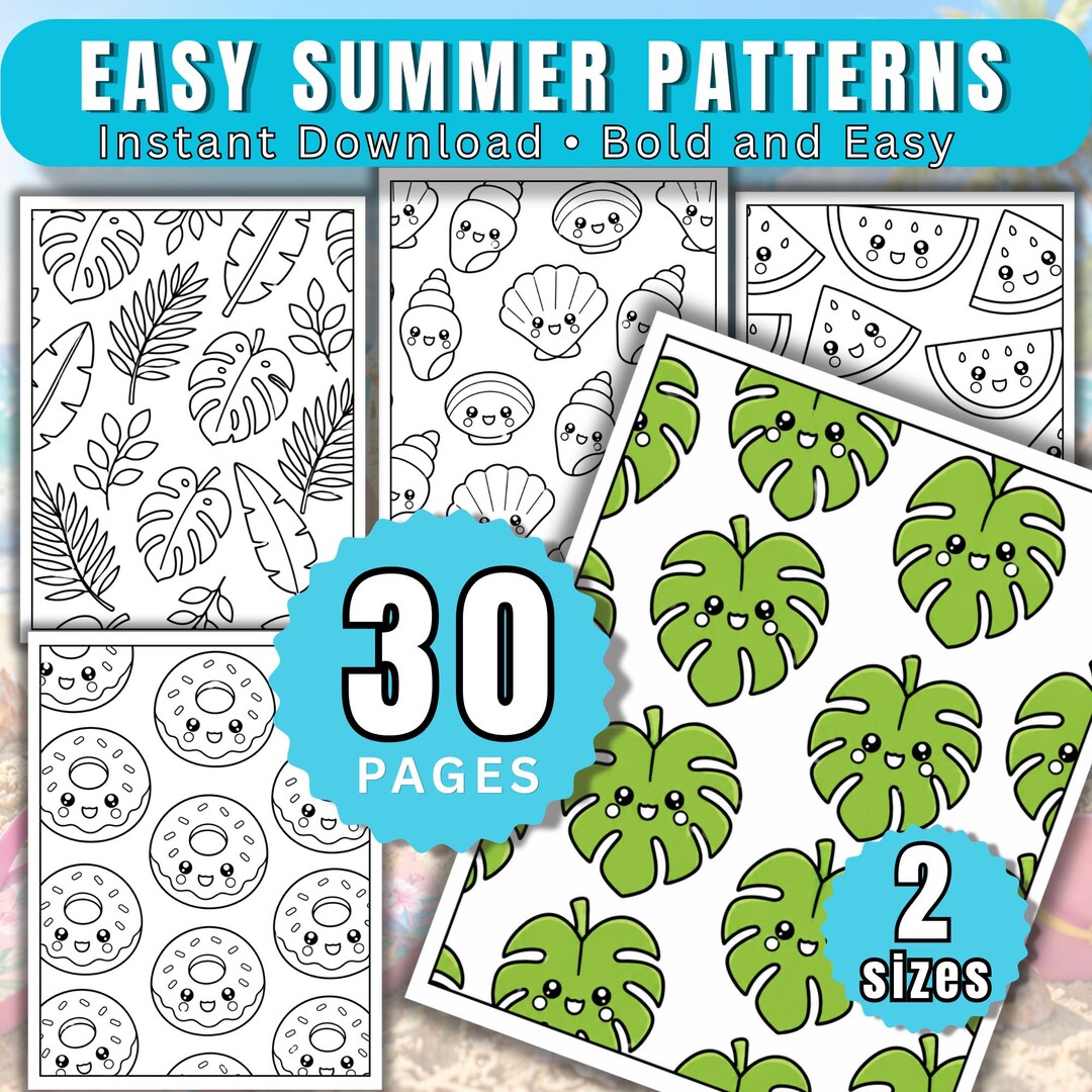 Easy Summer Pattern Coloring Pages for Kids & Adults | Cute Kawaii Bold ...