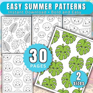 Pode incluir: Um conjunto de páginas para colorir com tema de verão com padrões de folhas tropicais, conchas, fatias de melancia e donuts. A imagem apresenta o texto "Easy Summer Patterns" e indica 30 páginas e 2 tamanhos.