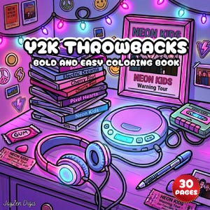以下が含まれることがあります： Y2K Throwbacks Bold and Easy Coloring Bookというタイトルの塗り絵。CDの山、ポータブルCDプレーヤー、ヘッドフォン、カセットプレーヤー、ペン、コンサートチケットが、ネオン照明と壁の装飾が施されたデスクの上に置かれている様子が描かれています。