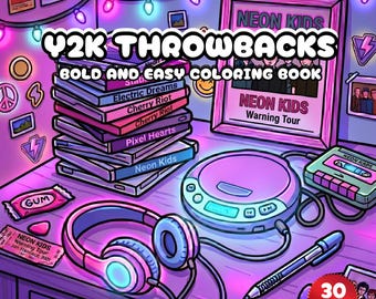 May include: A coloring book titled Y2K Throwbacks Bold and Easy Coloring Book featuring a stack of CDs, a portable CD player, headphones, a cassette player, a pen, and concert tickets on a desk with neon lighting and wall decorations.