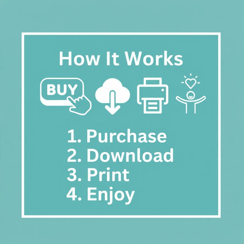 May include: A teal instructional graphic with white text and icons. The header reads How It Works. Four icons represent the steps: a buy button, a download cloud, a printer, and a person with a heart. The numbered list includes Purchase, Download, Print, and Enjoy.