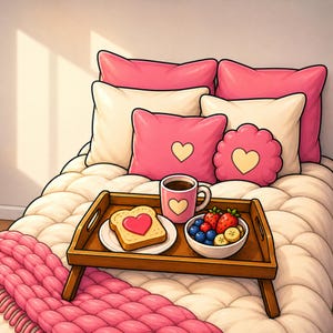May include: A wooden breakfast tray sits on a white quilted bedspread with a pink knit throw. The tray holds a pink mug with a heart, a plate with heart-shaped toast, and a bowl of strawberries, blueberries, and banana slices. Pink and cream pillows.