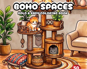 Boho Spaces Kleurboek, Gezellige Huis Kleurplaten, Katten & Planten, Ontspannend Kleurboek voor Volwassenen, Printbare Digitale Download