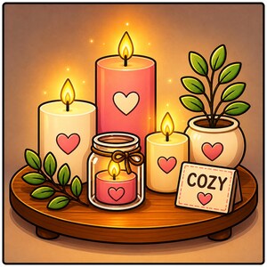 May include: A collection of four lit candles and a small potted plant on a round wooden tray. The candles are decorated with heart icons, and one is in a glass jar with a twine bow. A small sign with the text COZY and a heart icon sits nearby.