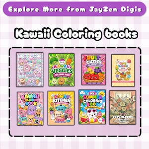 May include: A collection of eight digital coloring books featuring Kawaii-style illustrations. The covers display colorful graphics of sweets, vegetables, fruits, kitchen items, summer scenes, and flowers with text including Kawaii Sweets, Kawaii Veggies, Fruity Cuties, Cute Kawaii Food, Kawaii Kitchen, My Summer Coloring Book, and Cozy Blooms.