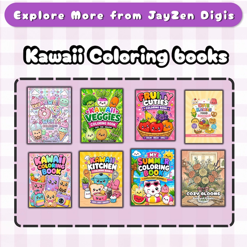 May include: A collection of eight digital coloring books featuring Kawaii-style illustrations. The covers display colorful graphics of sweets, vegetables, fruits, kitchen items, summer scenes, and flowers with text including Kawaii Sweets, Kawaii Veggies, Fruity Cuties, Cute Kawaii Food, Kawaii Kitchen, My Summer Coloring Book, and Cozy Blooms.
