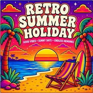 Puede incluir: Una colorida ilustraci&oacute;n gr&aacute;fica que muestra una escena de playa al atardecer con palmeras, una silla de playa a rayas y una tabla de surf. El texto RETRO SUMMER HOLIDAY, GOOD VIBES, SUNNY DAYS, ENDLESS MEMORIES aparece en una fuente llamativa.