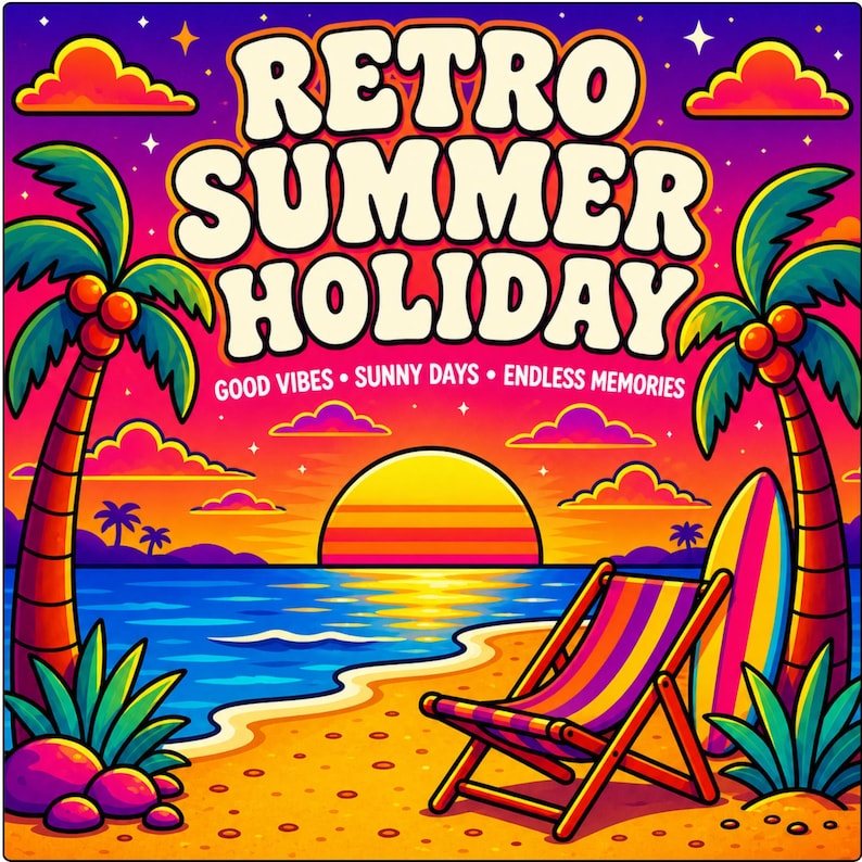 Puede incluir: Una colorida ilustraci&oacute;n gr&aacute;fica que muestra una escena de playa al atardecer con palmeras, una silla de playa a rayas y una tabla de surf. El texto RETRO SUMMER HOLIDAY, GOOD VIBES, SUNNY DAYS, ENDLESS MEMORIES aparece en una fuente llamativa.