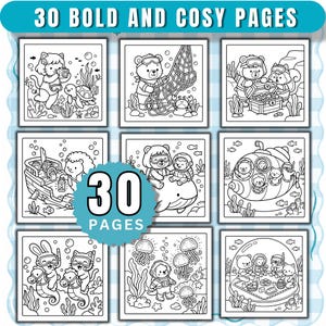 Puede incluir: Una colecci&oacute;n de 30 p&aacute;ginas para colorear audaces y acogedoras con ilustraciones de l&iacute;neas en blanco y negro de animales en escenas submarinas, incluyendo osos, gatos y conejos con equipo de buceo, explorando naufragios y vida marina.