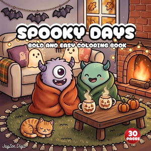 May include: A coloring book cover titled SPOOKY DAYS BOLD AND EASY COLORING BOOK featuring a purple one-eyed monster and a green monster wrapped in blankets, sitting on a rug with a sleeping orange cat, two pumpkin mugs, and pumpkins.
