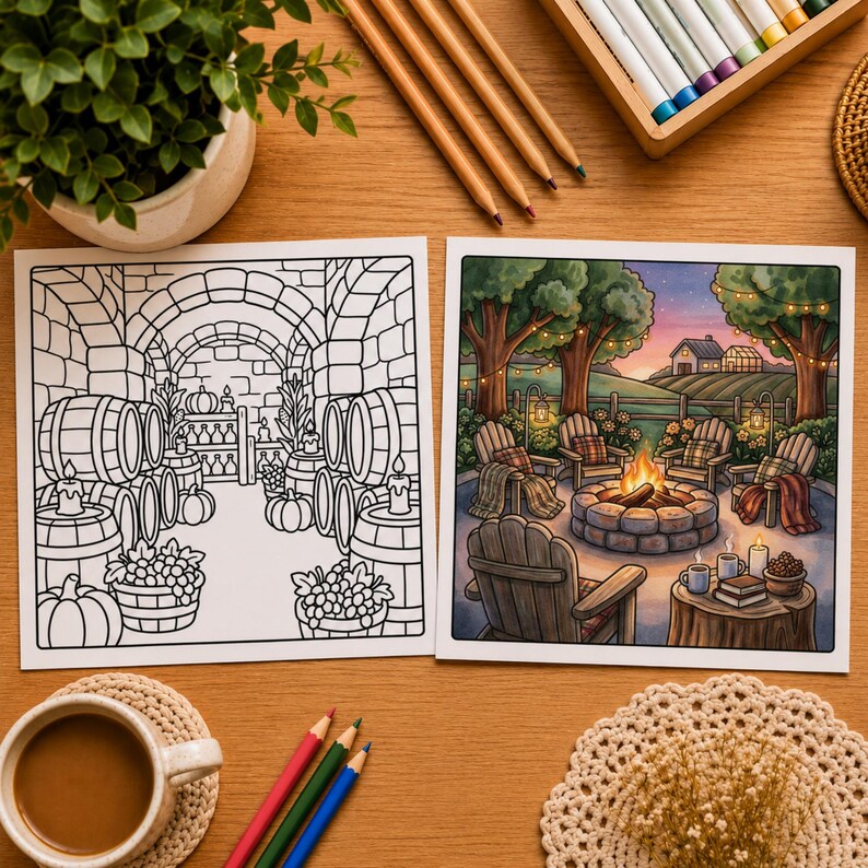 May include: Two square coloring pages featuring a wine cellar with barrels and pumpkins on the left, and a cozy outdoor fire pit scene with wooden chairs, trees, and string lights on the right, displayed on a wooden table with colored pencils.