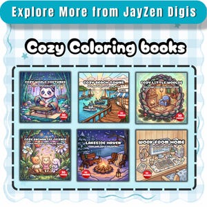 Puede incluir: Una colecci&oacute;n de seis libros de colorear digitales titulados Cozy Coloring books de JayZen Digis. Las portadas presentan ilustraciones de un panda, pueblos costeros, una habitaci&oacute;n acogedora, amigos encantados, una fogata junto al lago y una oficina en casa, cada uno con 30 p&aacute;ginas.