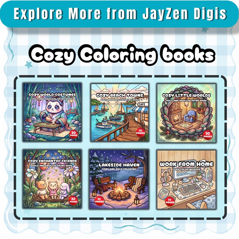 Puede incluir: Una colecci&oacute;n de seis libros de colorear digitales titulados Cozy Coloring books de JayZen Digis. Las portadas presentan ilustraciones de un panda, pueblos costeros, una habitaci&oacute;n acogedora, amigos encantados, una fogata junto al lago y una oficina en casa, cada uno con 30 p&aacute;ginas.