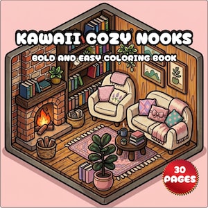May include: A coloring book titled Kawaii Cozy Nooks Bold and Easy Coloring Book with 30 pages. The cover features an isometric illustration of a room with a brick fireplace, a bookshelf, an armchair, a sofa, a rug, and a potted plant.