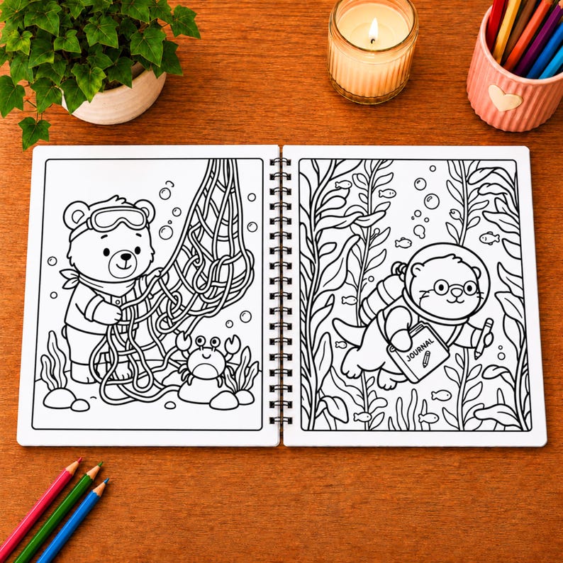 Puede incluir: Un libro para colorear con encuadernaci&oacute;n en espiral y dibujos de l&iacute;neas en blanco y negro. La p&aacute;gina izquierda muestra un oso con gafas de buceo junto a una red de pesca y un cangrejo. La derecha muestra una nutria con equipo de buceo.